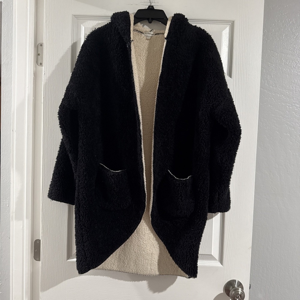 PJ Salvage Cozy Soft Two Tone Plush Hooded Cardigan Black White Size M